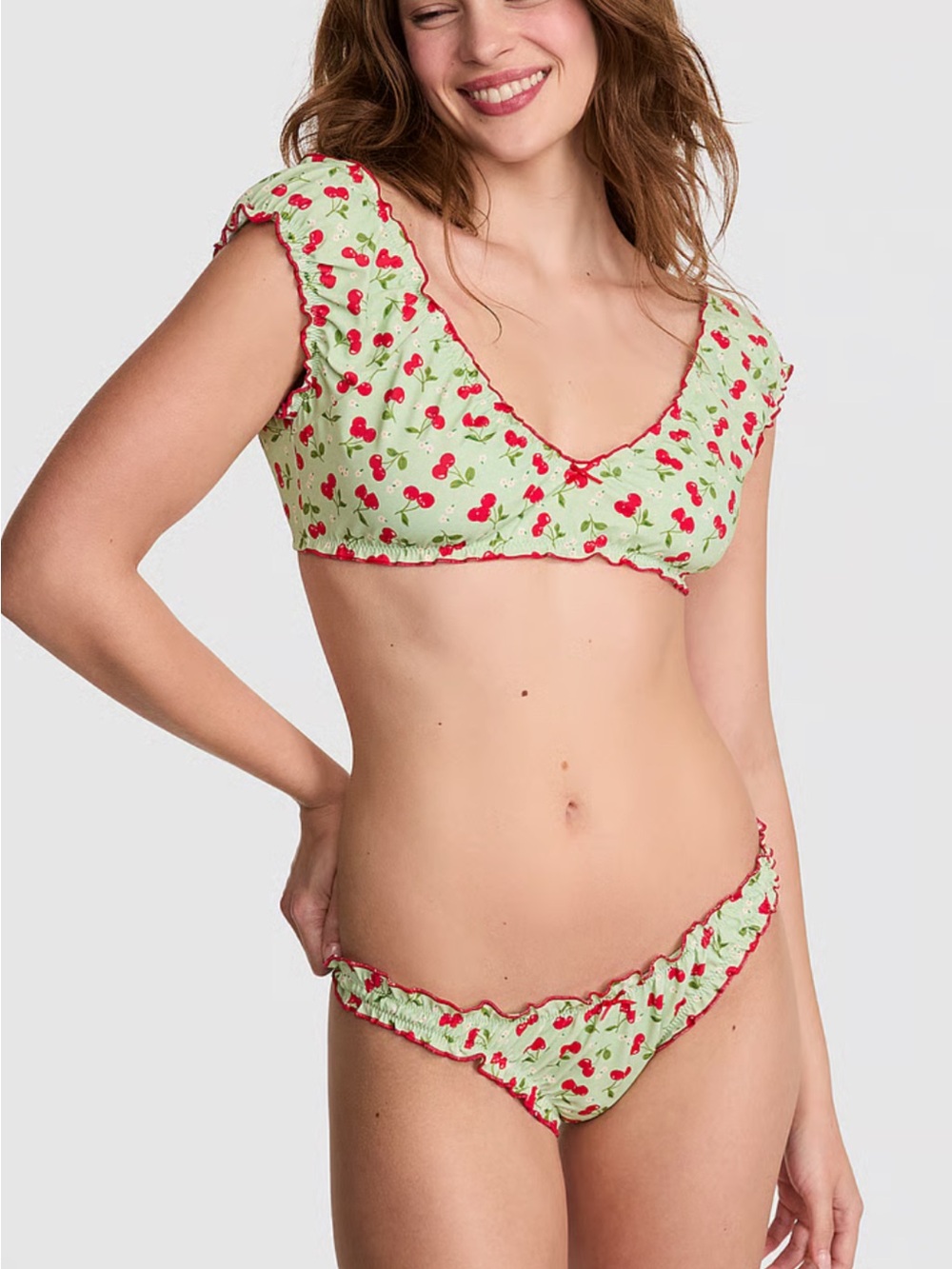 NWT VS PINK x Frankie’s Bikinis Cherry Ruffle Bikini Mint Green and Red S